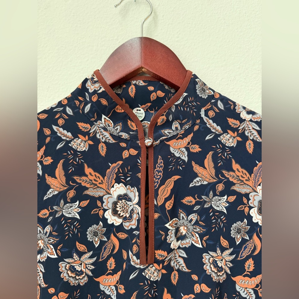 Margaret O’Leary Long Sleeve Boho Floral Top Blouse Navy Mandarin Collar Size S - Picture 4 of 11